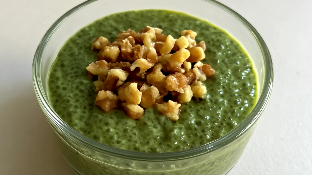Matcha chia pudding with walnuts"