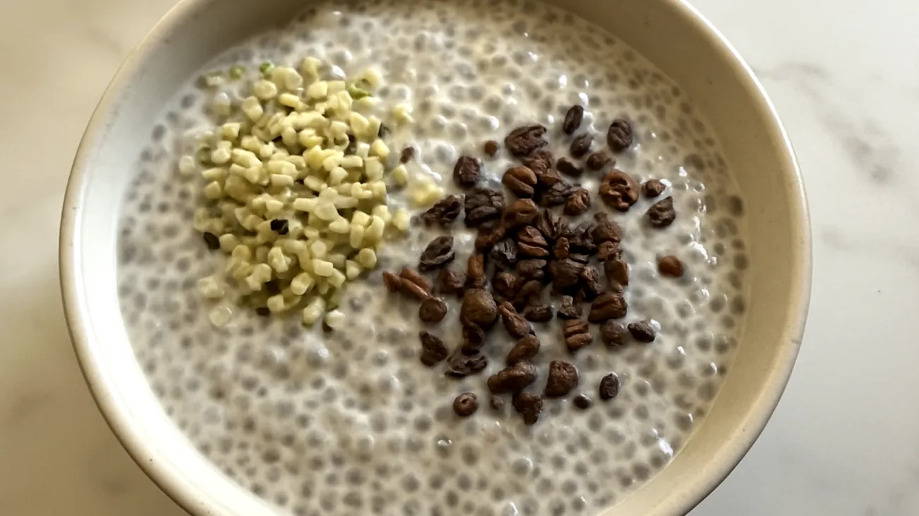 Overnight chia pudding with hemp seeds and cacao nibs"