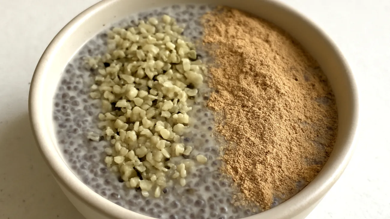 Overnight chia seed pudding with maca powder and hemp hearts"