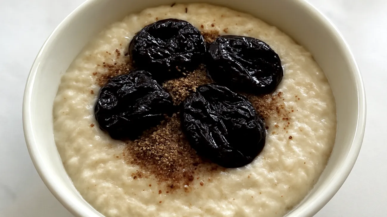 Psyllium husk porridge with stewed prunes and ground flaxseed"
